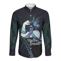 Personalised Polynesia Suicide Prevention Month Long Sleeve Button Shirt Brave Strong Butterfly Teal Purple Ribbon