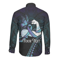 Personalised Polynesia Suicide Prevention Month Long Sleeve Button Shirt Brave Strong Butterfly Teal Purple Ribbon