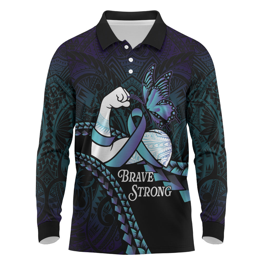 Personalised Polynesia Suicide Prevention Month Long Sleeve Polo Shirt Brave Strong Butterfly Teal Purple Ribbon