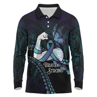 Personalised Polynesia Suicide Prevention Month Long Sleeve Polo Shirt Brave Strong Butterfly Teal Purple Ribbon