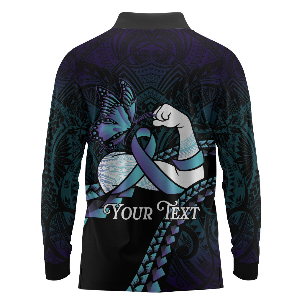 Personalised Polynesia Suicide Prevention Month Long Sleeve Polo Shirt Brave Strong Butterfly Teal Purple Ribbon