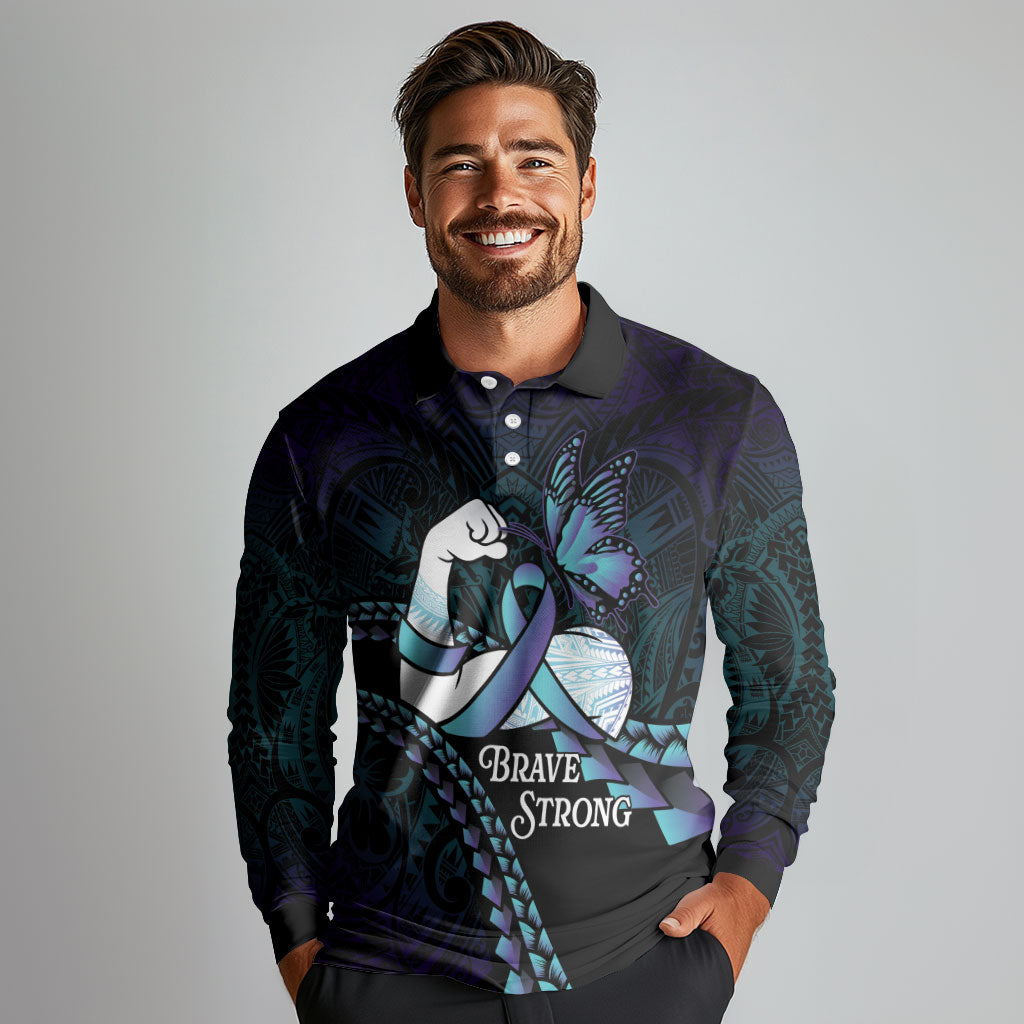 Personalised Polynesia Suicide Prevention Month Long Sleeve Polo Shirt Brave Strong Butterfly Teal Purple Ribbon