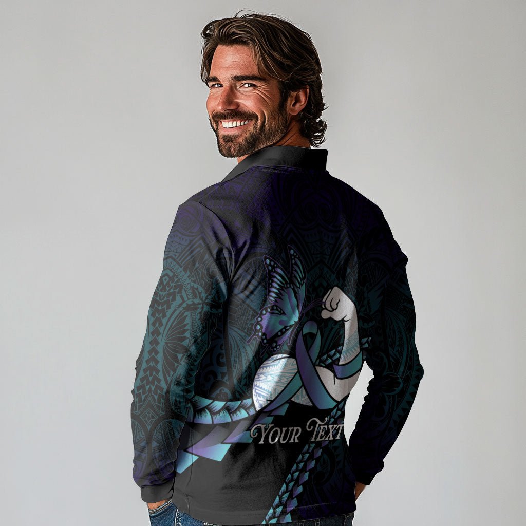 Personalised Polynesia Suicide Prevention Month Long Sleeve Polo Shirt Brave Strong Butterfly Teal Purple Ribbon