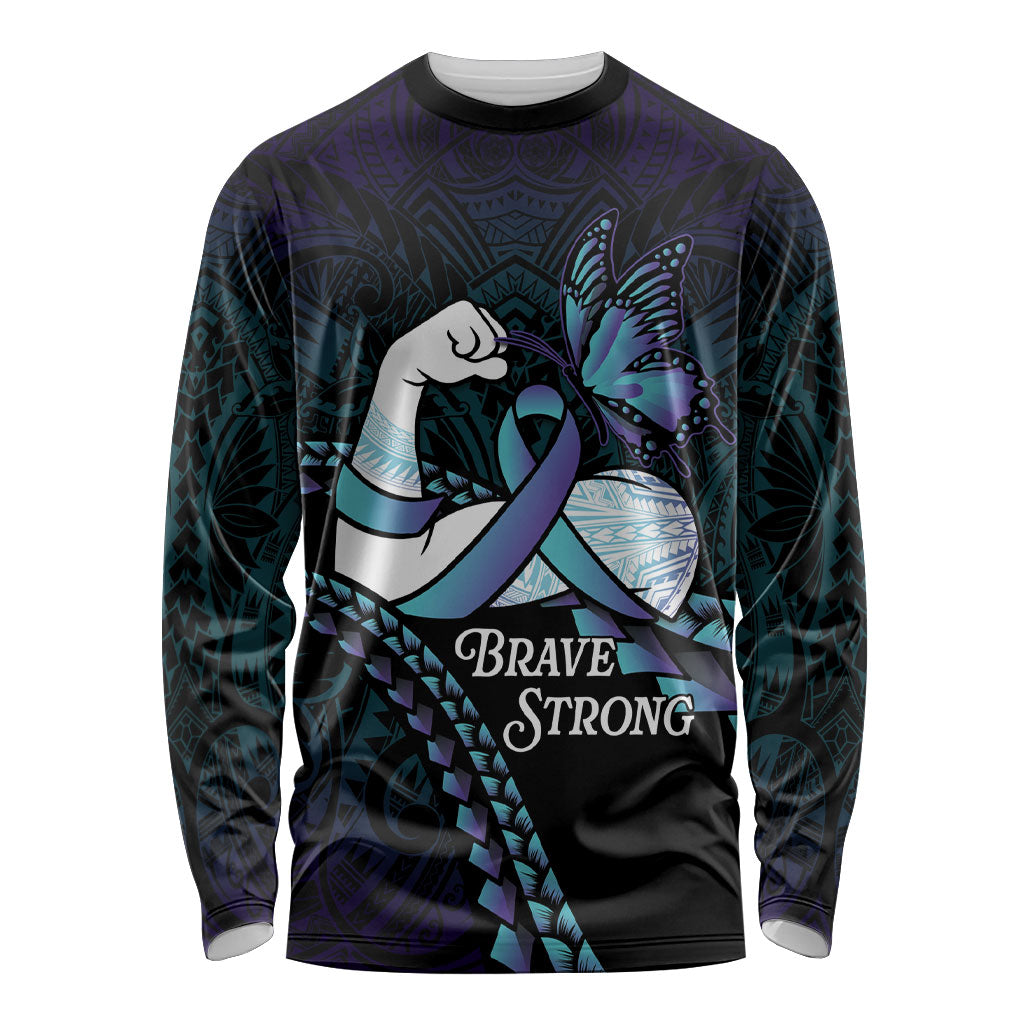 Personalised Polynesia Suicide Prevention Month Long Sleeve Shirt Brave Strong Butterfly Teal Purple Ribbon