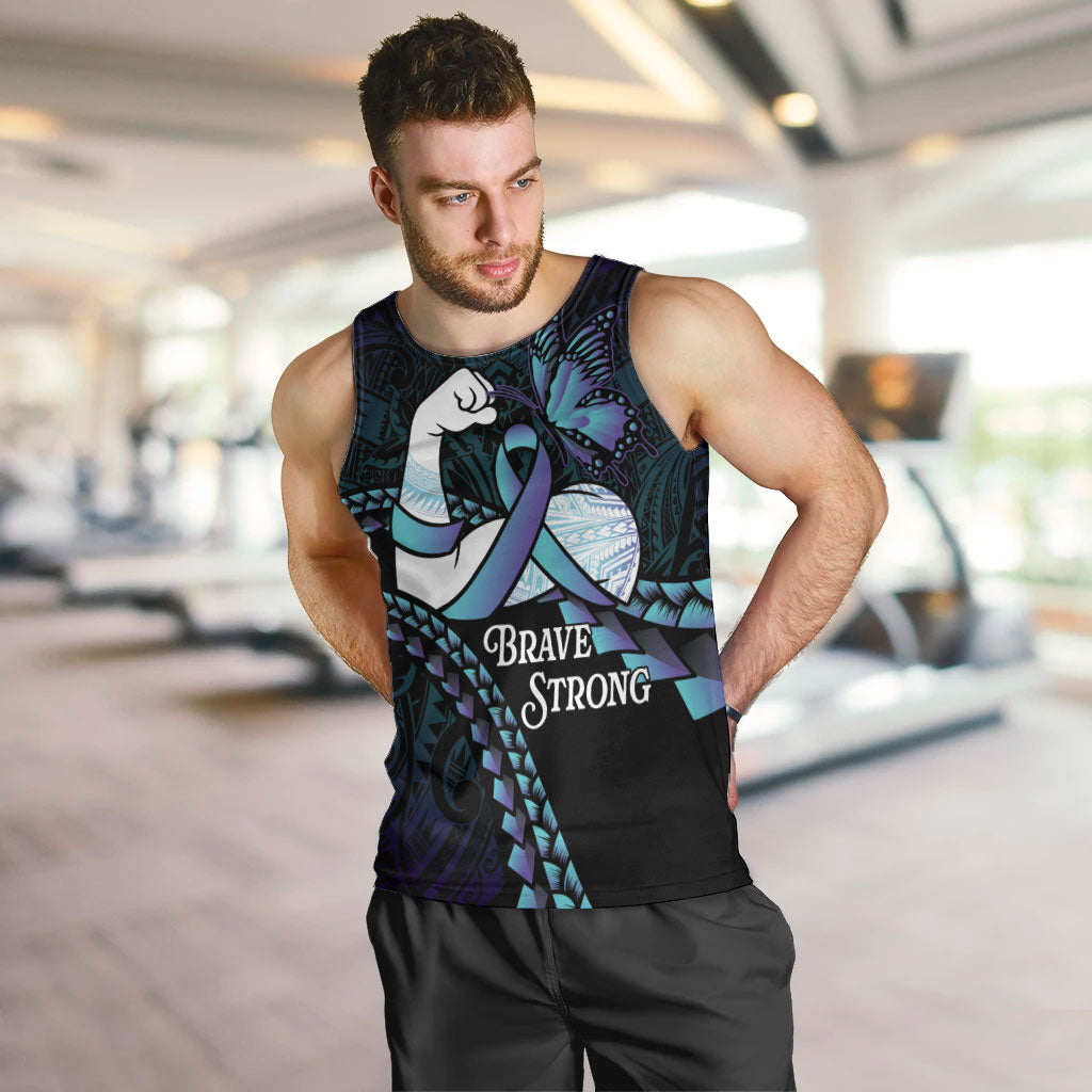 Personalised Polynesia Suicide Prevention Month Men Tank Top Brave Strong Butterfly Teal Purple Ribbon