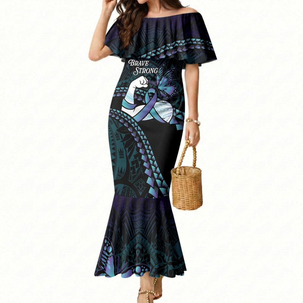 Personalised Polynesia Suicide Prevention Month Mermaid Dress Brave Strong Butterfly Teal Purple Ribbon