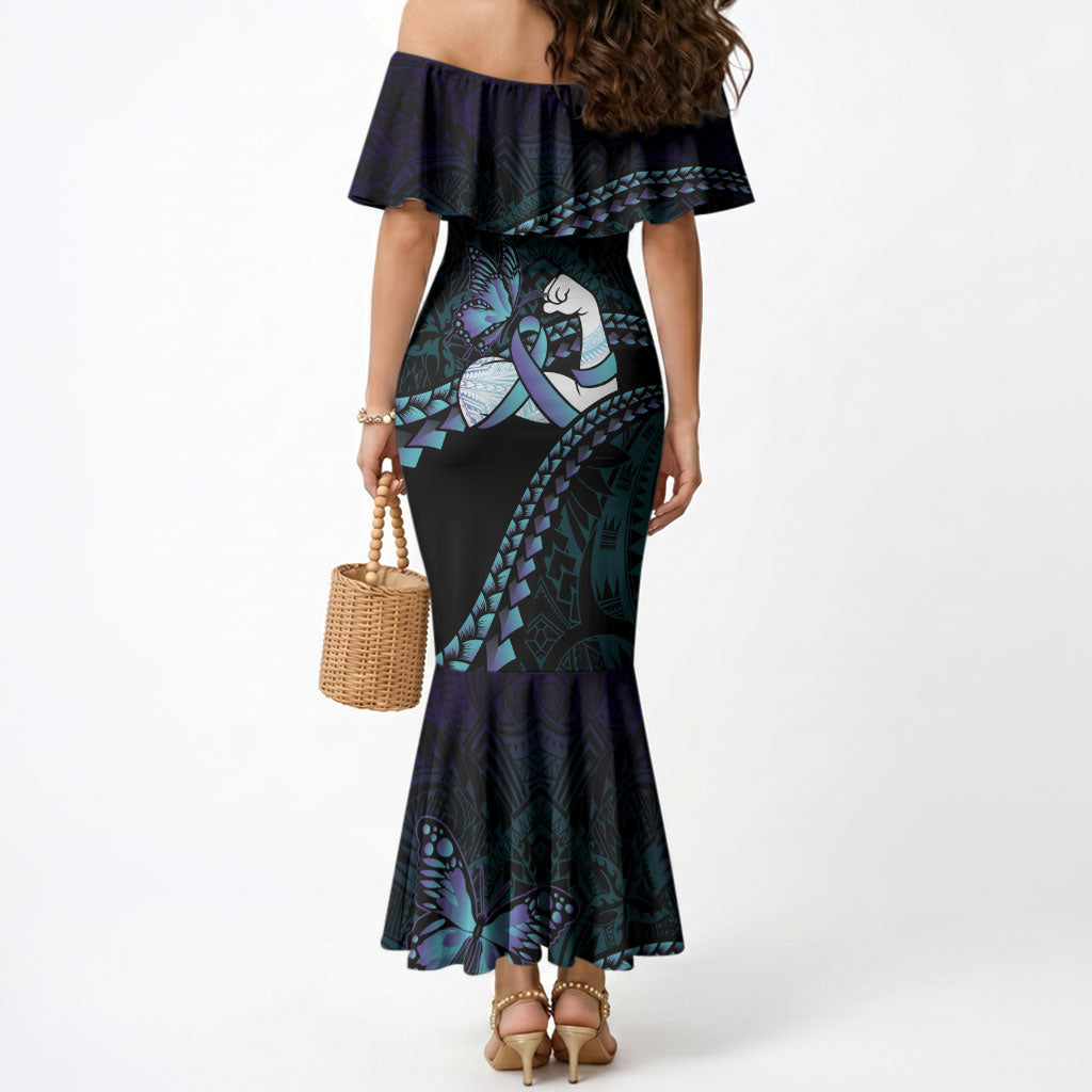 Personalised Polynesia Suicide Prevention Month Mermaid Dress Brave Strong Butterfly Teal Purple Ribbon