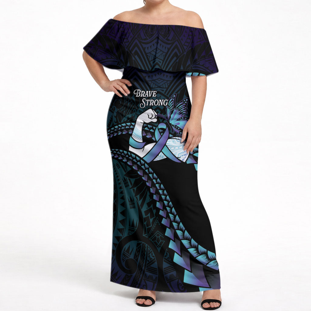 Personalised Polynesia Suicide Prevention Month Off Shoulder Maxi Dress Brave Strong Butterfly Teal Purple Ribbon