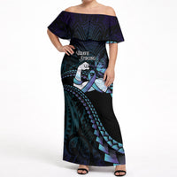 Personalised Polynesia Suicide Prevention Month Off Shoulder Maxi Dress Brave Strong Butterfly Teal Purple Ribbon