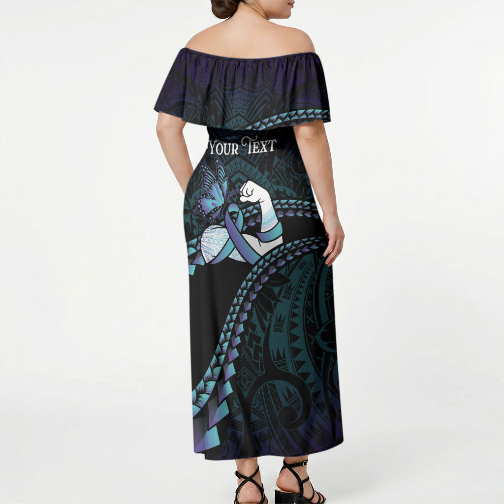 Personalised Polynesia Suicide Prevention Month Off Shoulder Maxi Dress Brave Strong Butterfly Teal Purple Ribbon