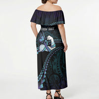 Personalised Polynesia Suicide Prevention Month Off Shoulder Maxi Dress Brave Strong Butterfly Teal Purple Ribbon