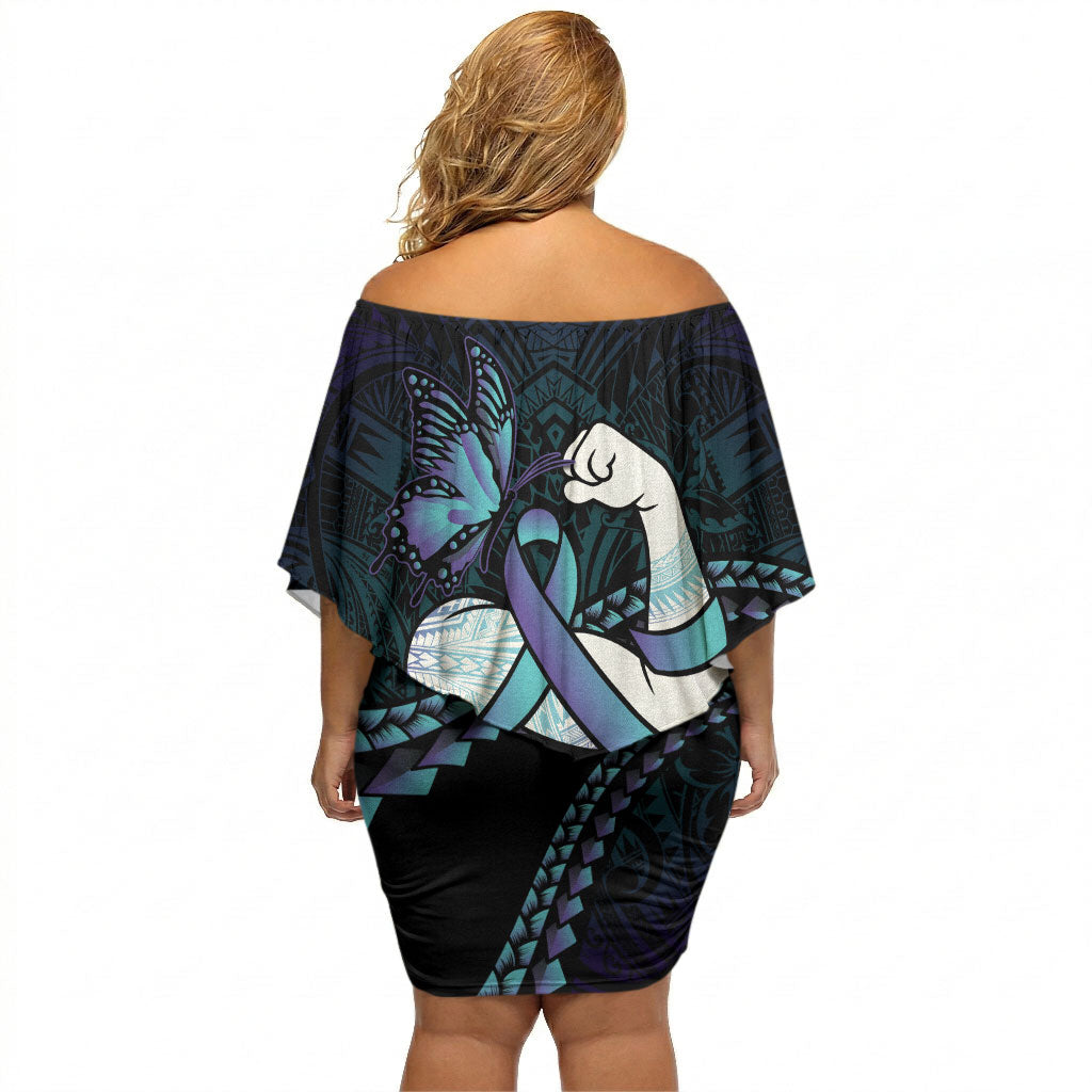 Personalised Polynesia Suicide Prevention Month Off Shoulder Short Dress Brave Strong Butterfly Teal Purple Ribbon