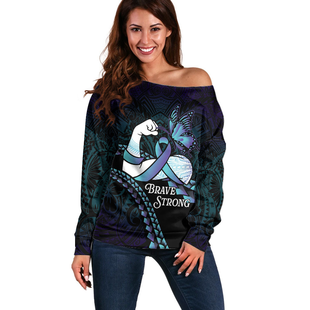 Personalised Polynesia Suicide Prevention Month Off Shoulder Sweater Brave Strong Butterfly Teal Purple Ribbon
