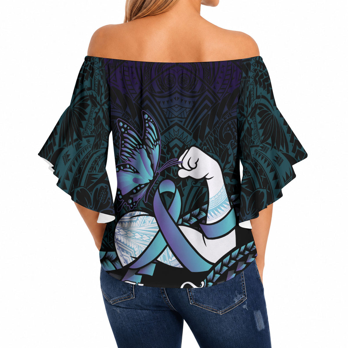 Personalised Polynesia Suicide Prevention Month Off Shoulder Wrap Waist Top Brave Strong Butterfly Teal Purple Ribbon