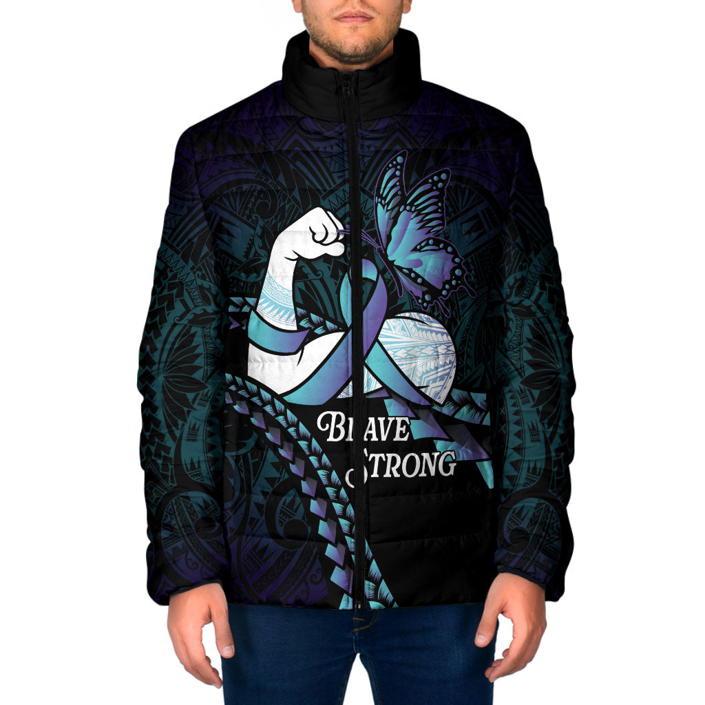Personalised Polynesia Suicide Prevention Month Padded Jacket Brave Strong Butterfly Teal Purple Ribbon