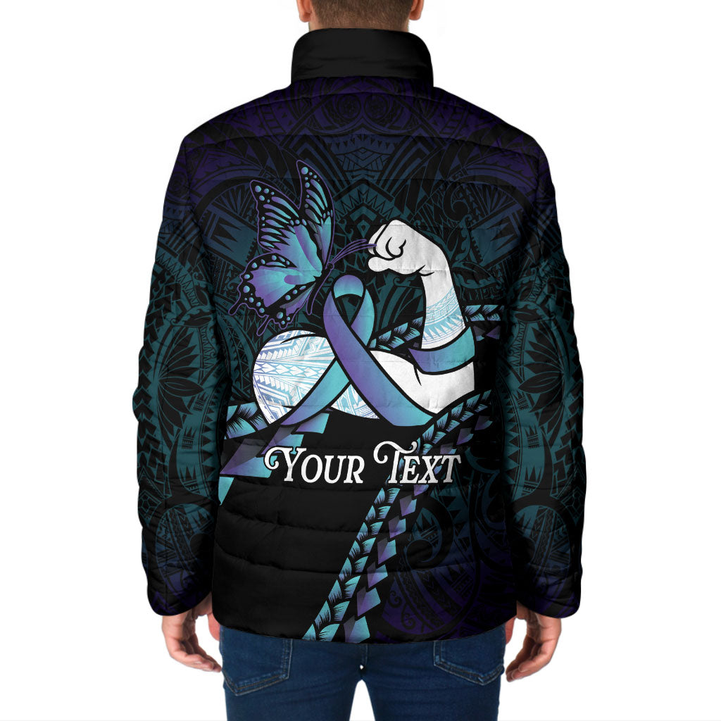 Personalised Polynesia Suicide Prevention Month Padded Jacket Brave Strong Butterfly Teal Purple Ribbon
