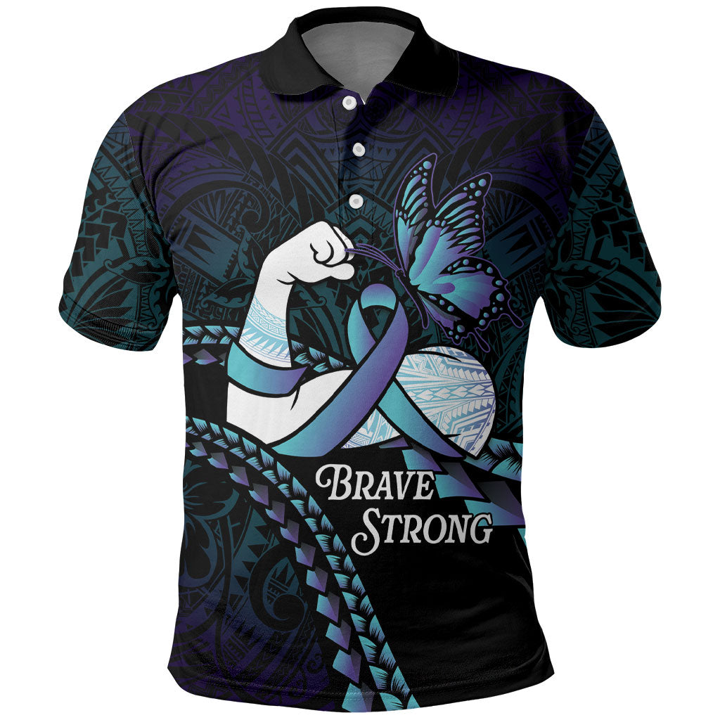 Personalised Polynesia Suicide Prevention Month Polo Shirt Brave Strong Butterfly Teal Purple Ribbon