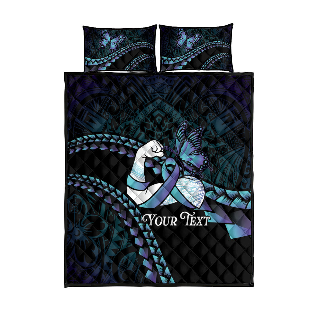 Personalised Polynesia Suicide Prevention Month Quilt Bed Set Brave Strong Butterfly Teal Purple Ribbon