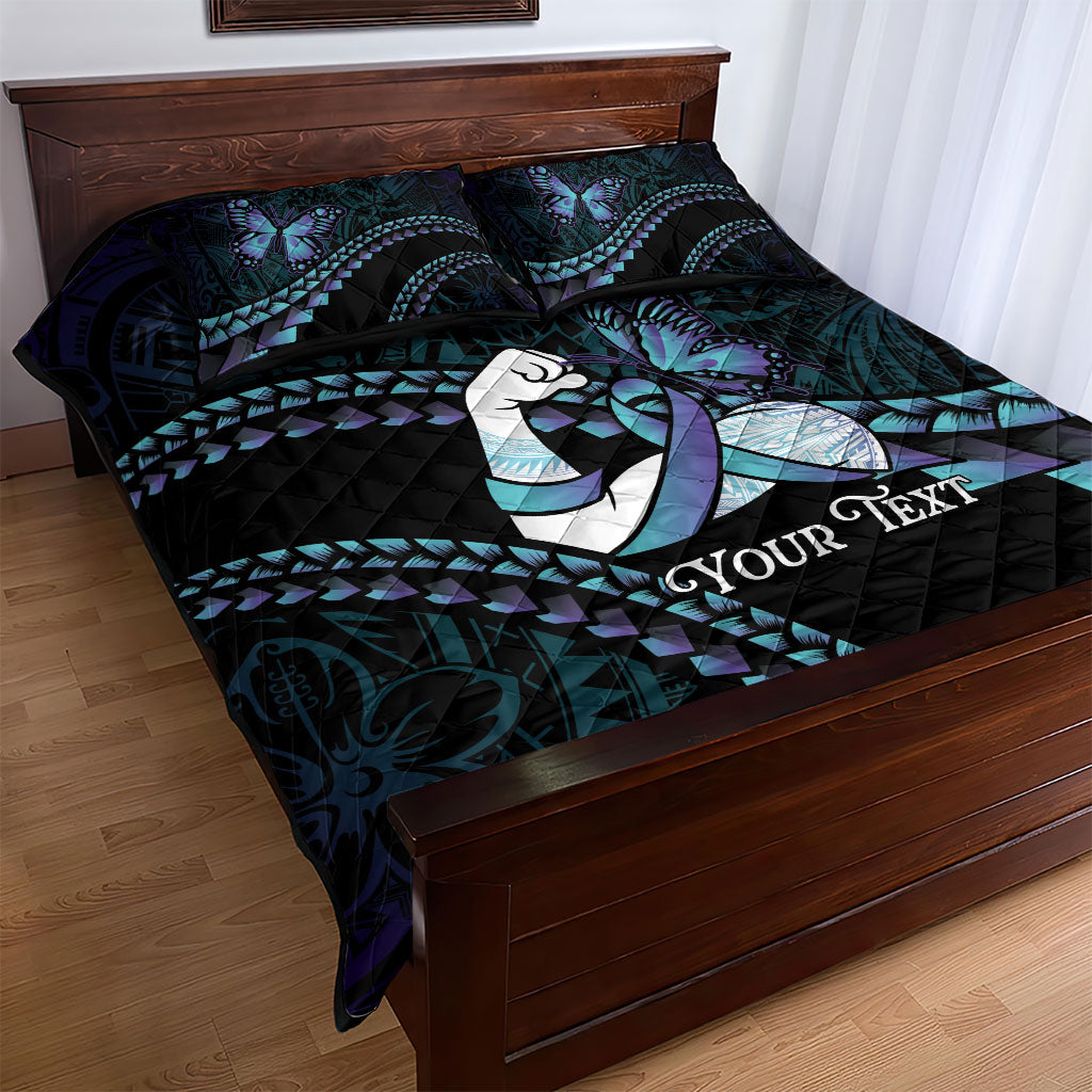 Personalised Polynesia Suicide Prevention Month Quilt Bed Set Brave Strong Butterfly Teal Purple Ribbon