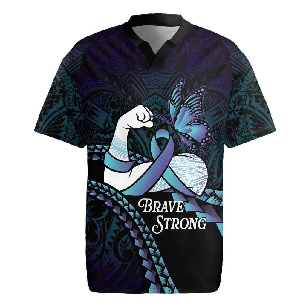 Personalised Polynesia Suicide Prevention Month Rugby Jersey Brave Strong Butterfly Teal Purple Ribbon