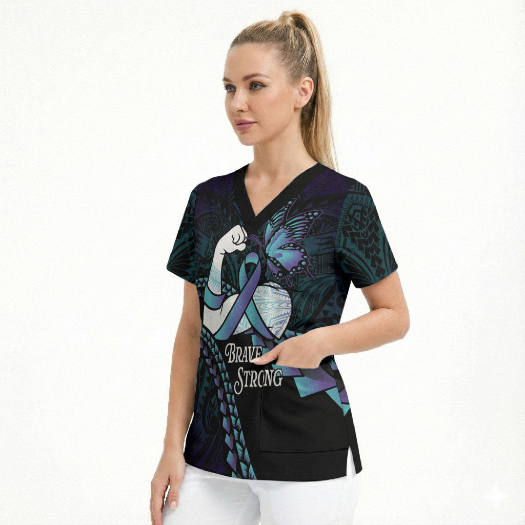 Personalised Polynesia Suicide Prevention Month Scrub Top Brave Strong Butterfly Teal Purple Ribbon