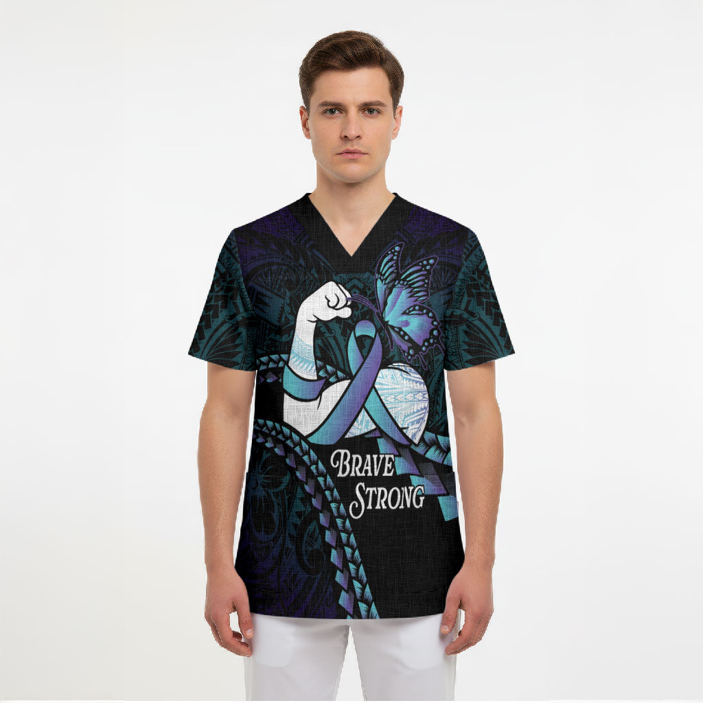 Personalised Polynesia Suicide Prevention Month Scrub Top Brave Strong Butterfly Teal Purple Ribbon