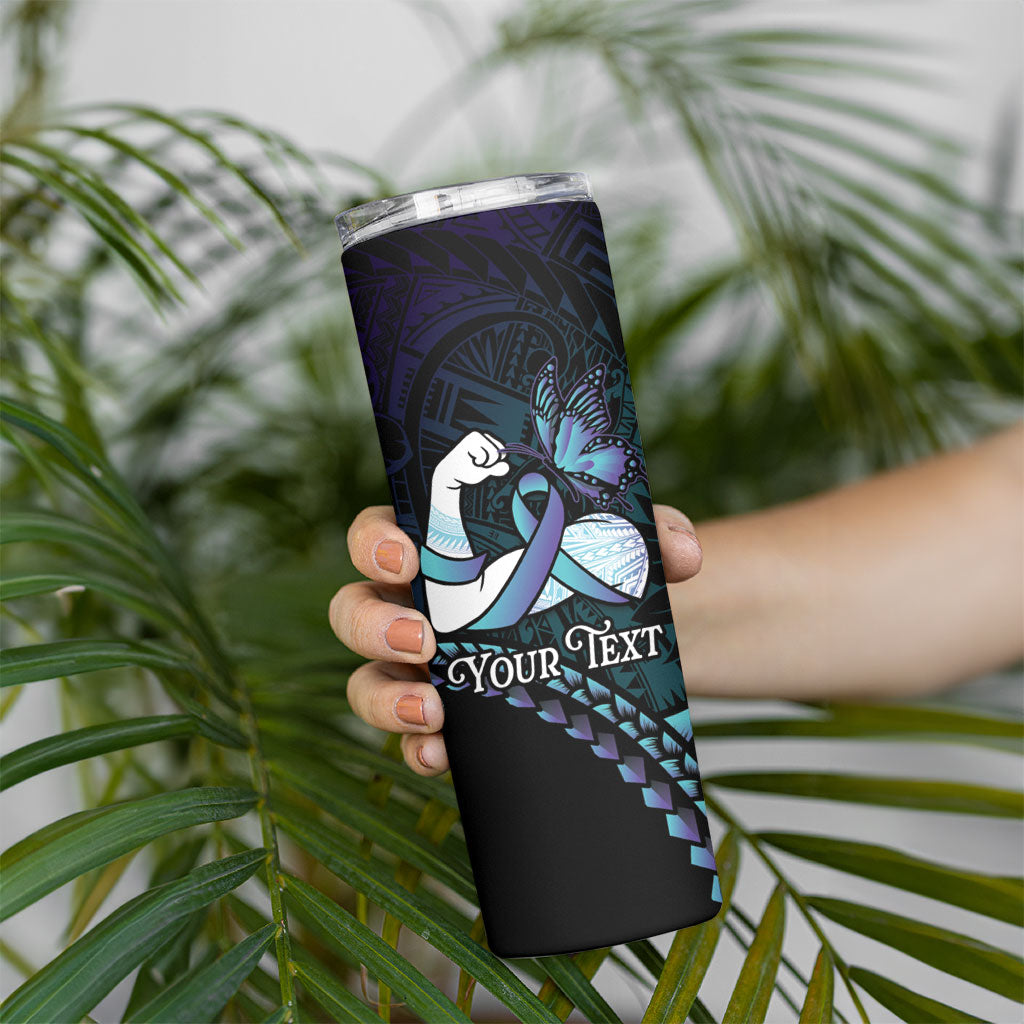 Personalised Polynesia Suicide Prevention Month Skinny Tumbler Brave Strong Butterfly Teal Purple Ribbon