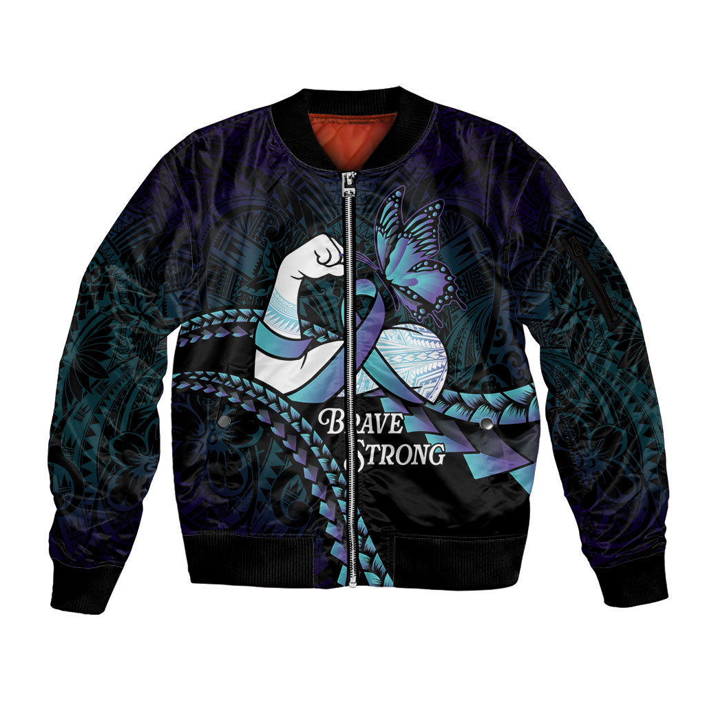 Personalised Polynesia Suicide Prevention Month Sleeve Zip Bomber Jacket Brave Strong Butterfly Teal Purple Ribbon