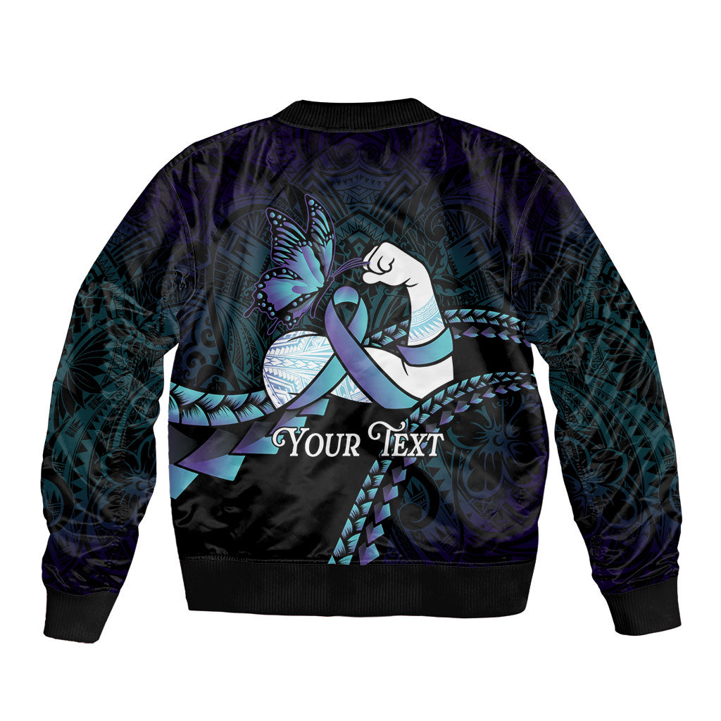 Personalised Polynesia Suicide Prevention Month Sleeve Zip Bomber Jacket Brave Strong Butterfly Teal Purple Ribbon