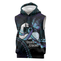 Personalised Polynesia Suicide Prevention Month Sleeveless Hoodie Brave Strong Butterfly Teal Purple Ribbon
