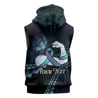 Personalised Polynesia Suicide Prevention Month Sleeveless Hoodie Brave Strong Butterfly Teal Purple Ribbon