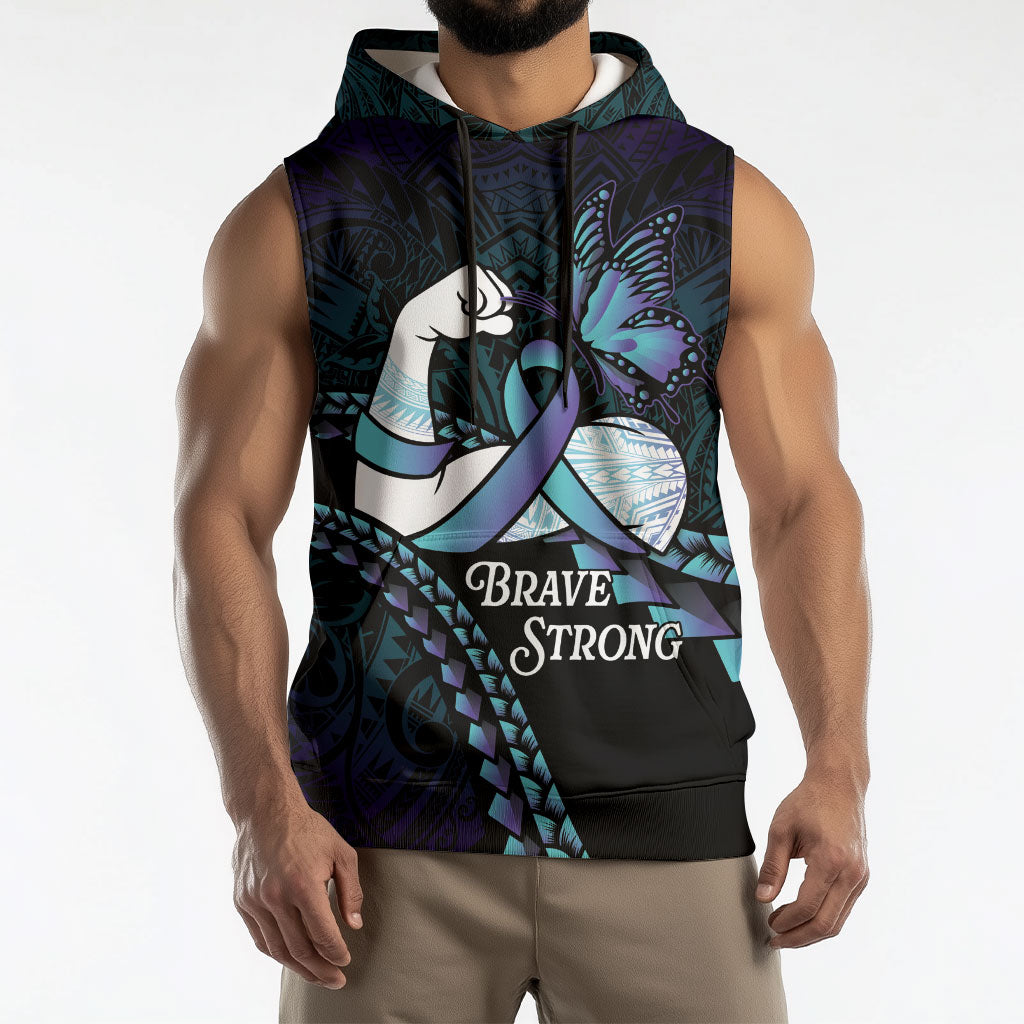 Personalised Polynesia Suicide Prevention Month Sleeveless Hoodie Brave Strong Butterfly Teal Purple Ribbon