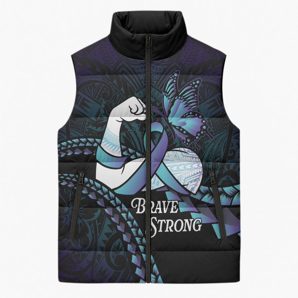 Personalised Polynesia Suicide Prevention Month Sleeveless Puffer Jacket Brave Strong Butterfly Teal Purple Ribbon