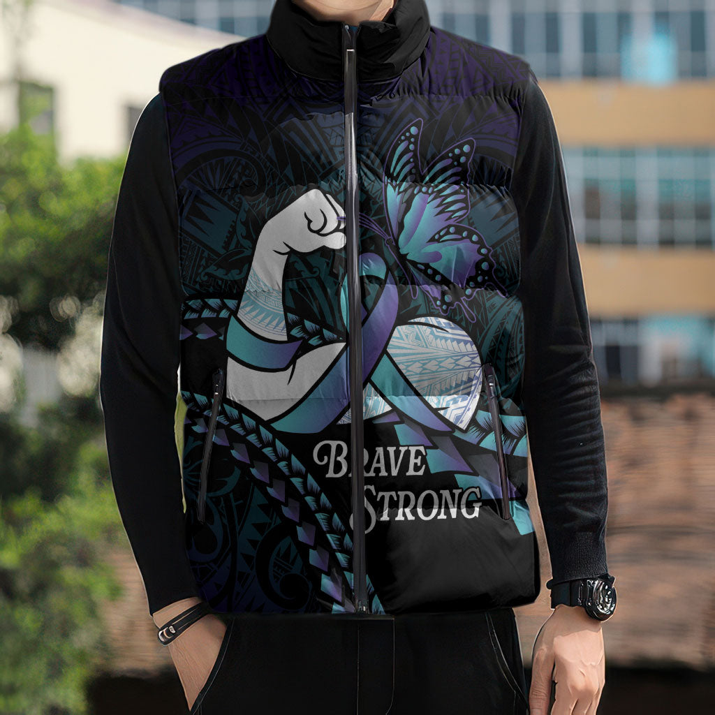 Personalised Polynesia Suicide Prevention Month Sleeveless Puffer Jacket Brave Strong Butterfly Teal Purple Ribbon