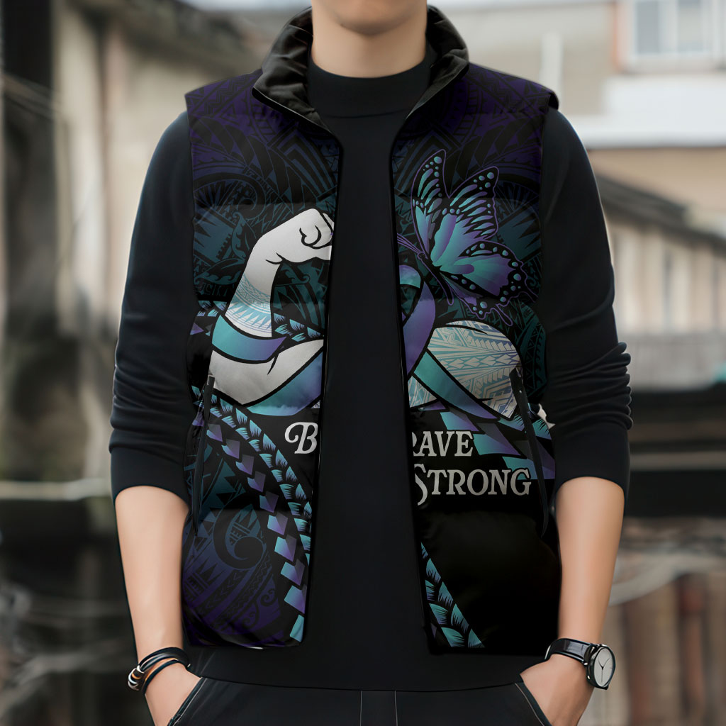 Personalised Polynesia Suicide Prevention Month Sleeveless Puffer Jacket Brave Strong Butterfly Teal Purple Ribbon