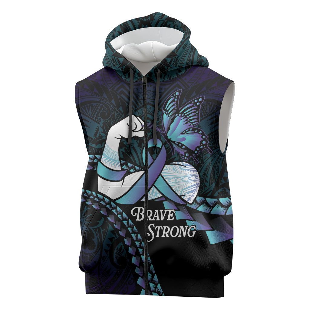 Personalised Polynesia Suicide Prevention Month Sleeveless Zip Hoodie Brave Strong Butterfly Teal Purple Ribbon