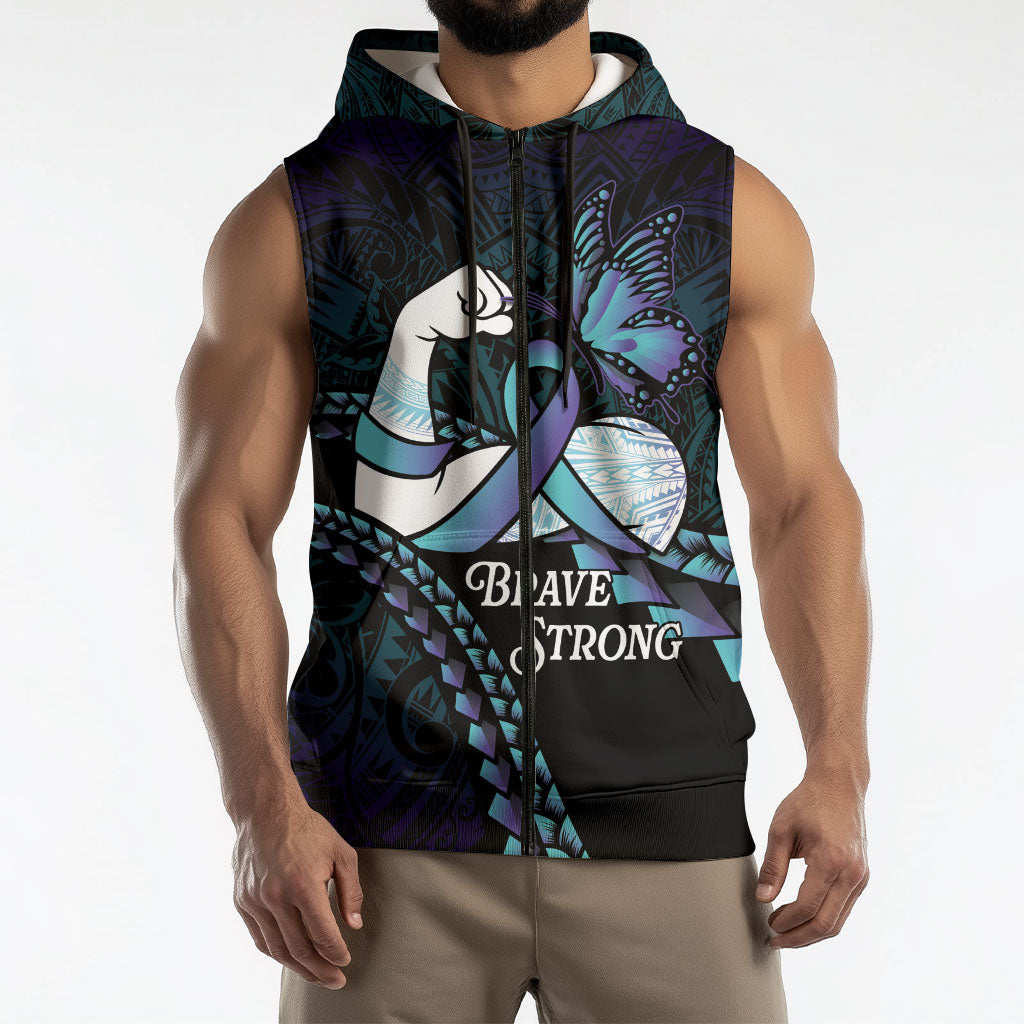Personalised Polynesia Suicide Prevention Month Sleeveless Zip Hoodie Brave Strong Butterfly Teal Purple Ribbon