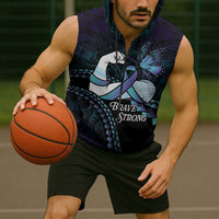 Personalised Polynesia Suicide Prevention Month Sleeveless Zip Hoodie Brave Strong Butterfly Teal Purple Ribbon