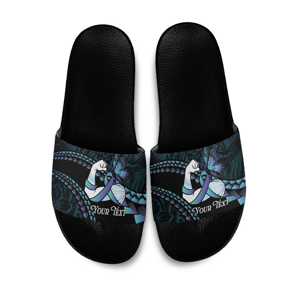 Personalised Polynesia Suicide Prevention Month Slide Sandals Brave Strong Butterfly Teal Purple Ribbon