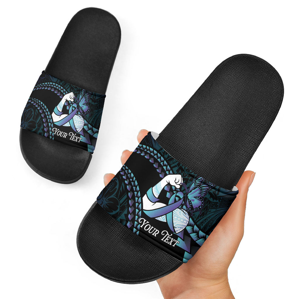 Personalised Polynesia Suicide Prevention Month Slide Sandals Brave Strong Butterfly Teal Purple Ribbon