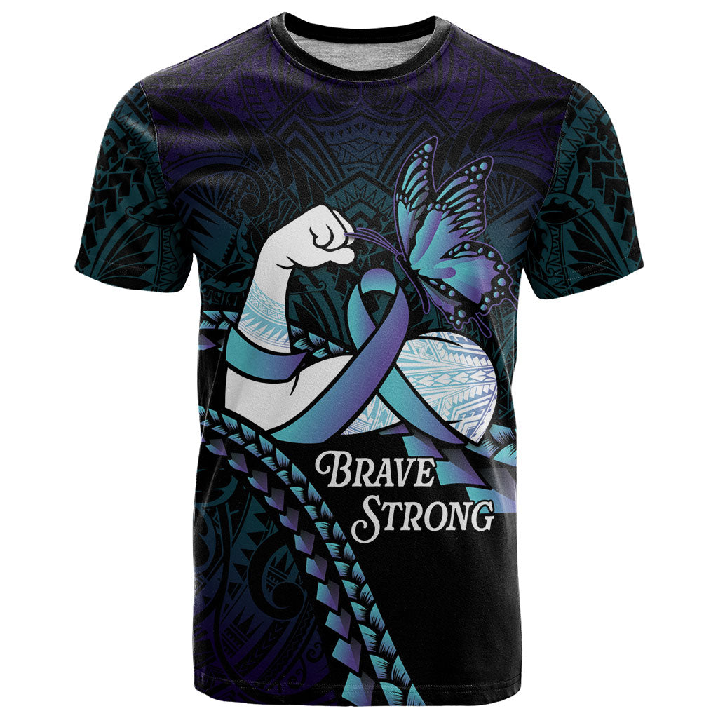 Personalised Polynesia Suicide Prevention Month T Shirt Brave Strong Butterfly Teal Purple Ribbon