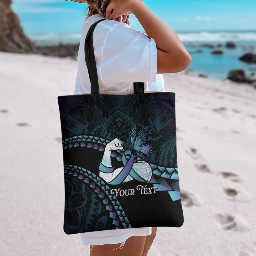 Personalised Polynesia Suicide Prevention Month Tote Bag Brave Strong Butterfly Teal Purple Ribbon