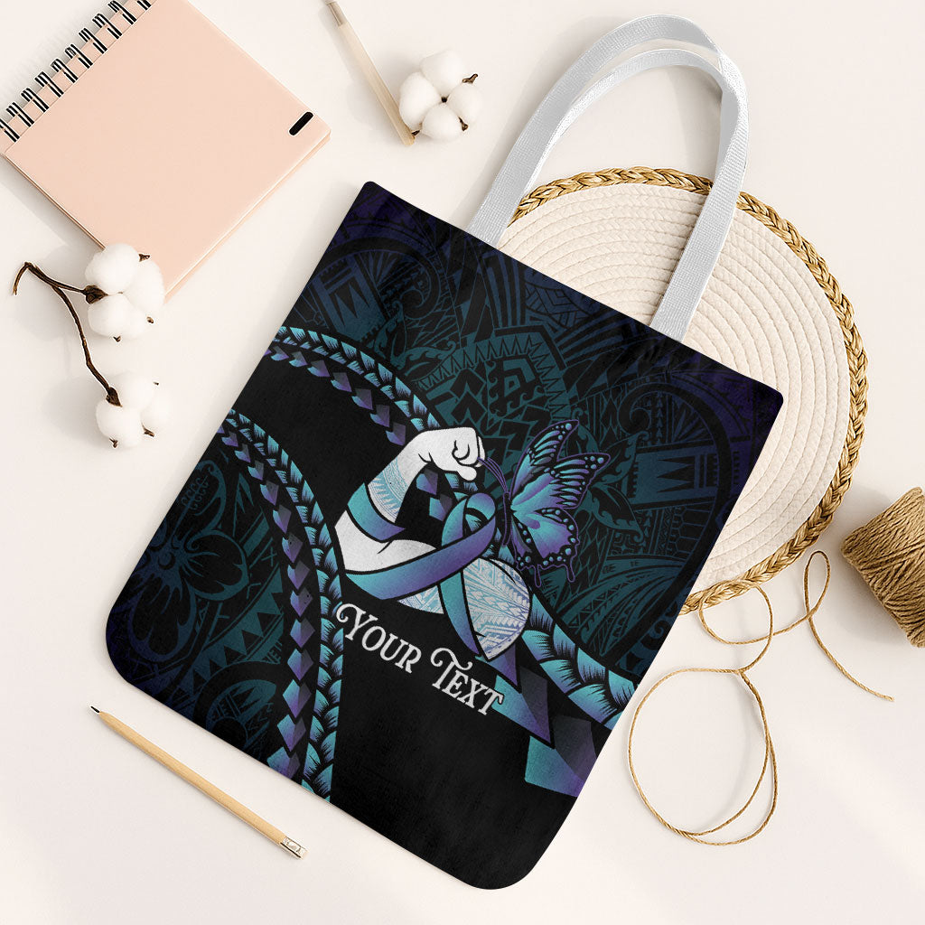 Personalised Polynesia Suicide Prevention Month Tote Bag Brave Strong Butterfly Teal Purple Ribbon