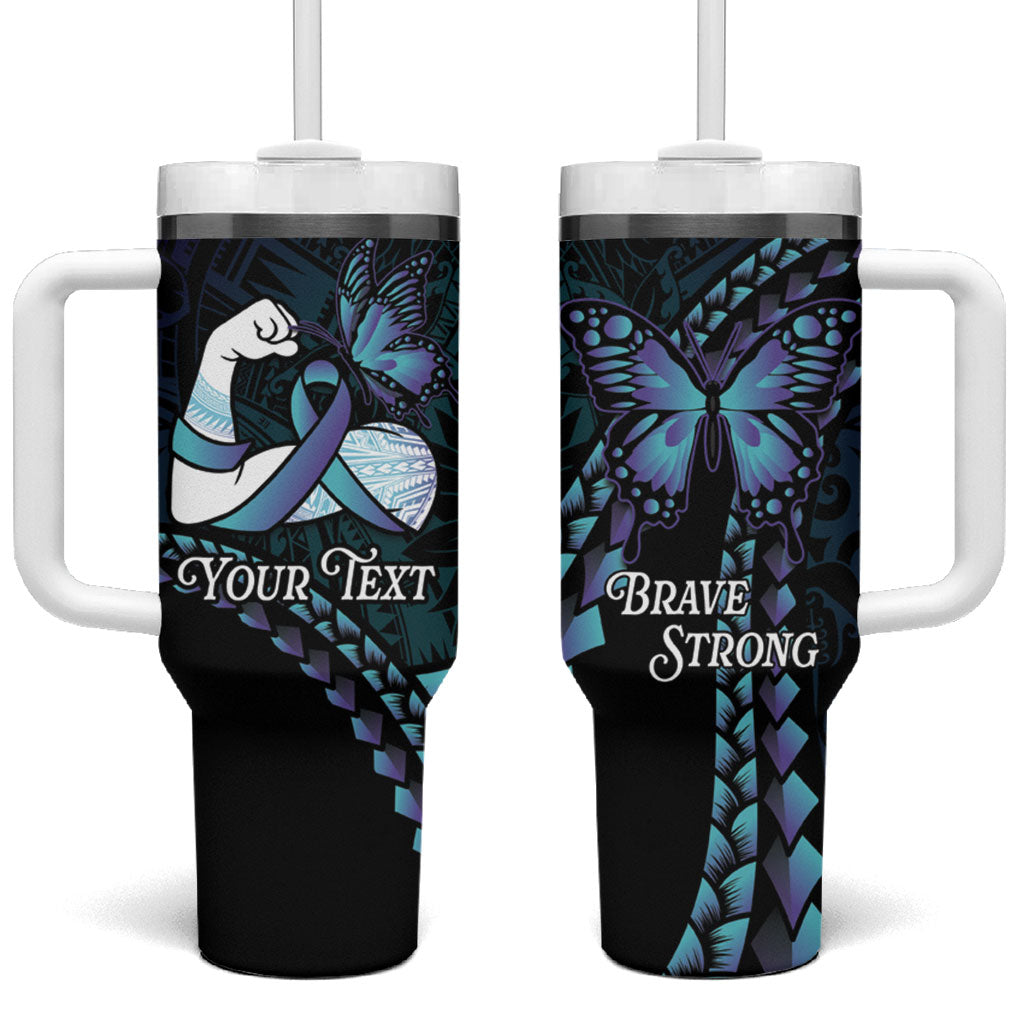 Personalised Polynesia Suicide Prevention Month Tumbler With Handle Brave Strong Butterfly Teal Purple Ribbon