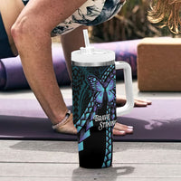 Personalised Polynesia Suicide Prevention Month Tumbler With Handle Brave Strong Butterfly Teal Purple Ribbon