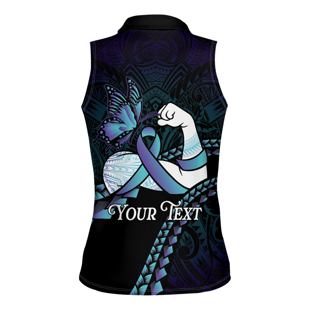 Personalised Polynesia Suicide Prevention Month Women Sleeveless Polo Shirt Brave Strong Butterfly Teal Purple Ribbon