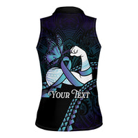 Personalised Polynesia Suicide Prevention Month Women Sleeveless Polo Shirt Brave Strong Butterfly Teal Purple Ribbon