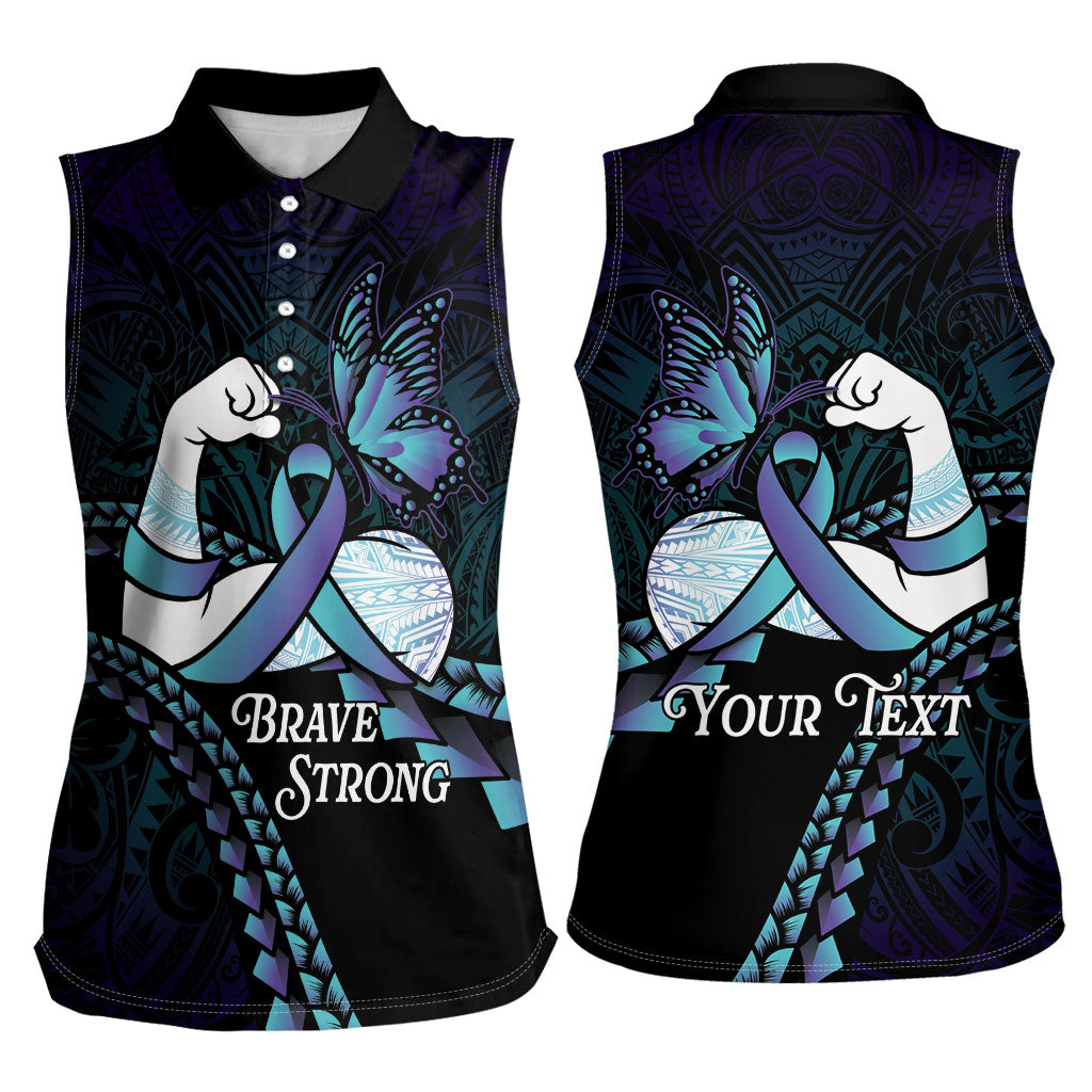 Personalised Polynesia Suicide Prevention Month Women Sleeveless Polo Shirt Brave Strong Butterfly Teal Purple Ribbon