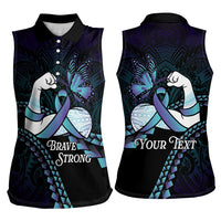 Personalised Polynesia Suicide Prevention Month Women Sleeveless Polo Shirt Brave Strong Butterfly Teal Purple Ribbon
