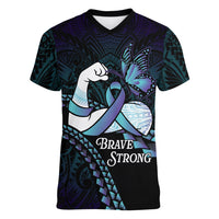 Personalised Polynesia Suicide Prevention Month Women V-Neck T-Shirt Brave Strong Butterfly Teal Purple Ribbon